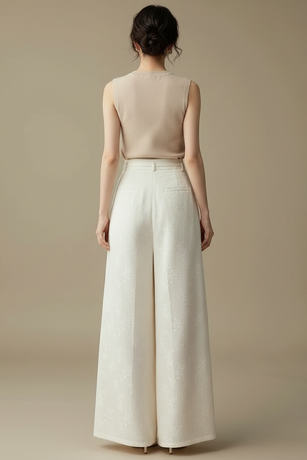 Pantalon Blanc Plissé Ample Motif Floral Élégant - Polyester - vue 2