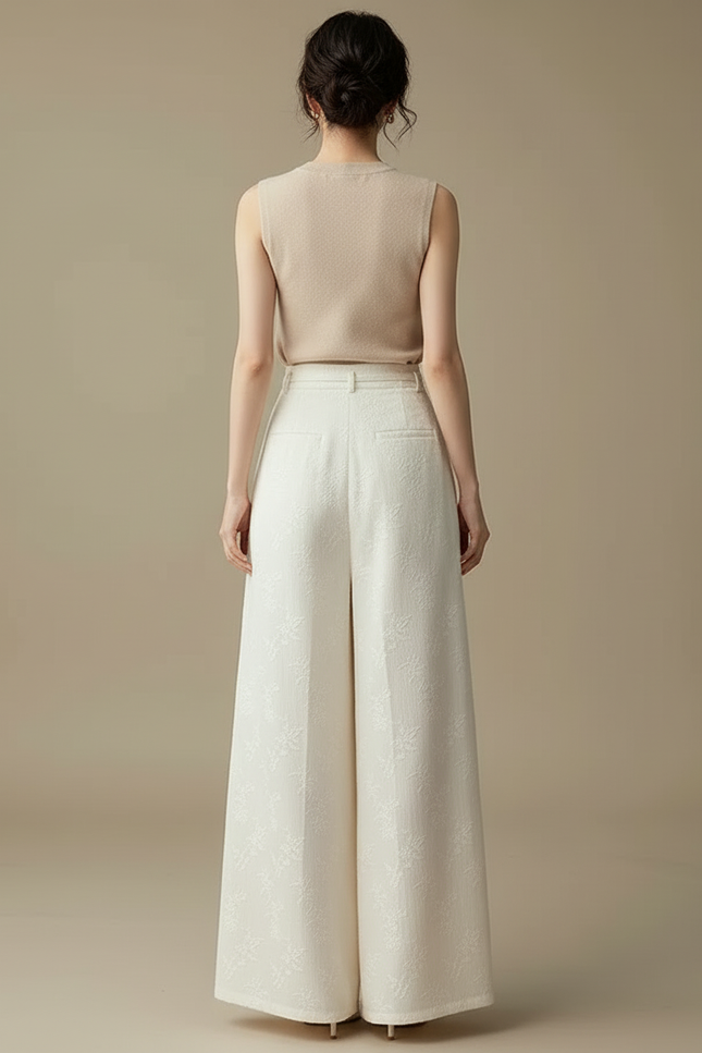 Pantalon Blanc Plissé Ample Motif Floral Élégant - Polyester - vue 2