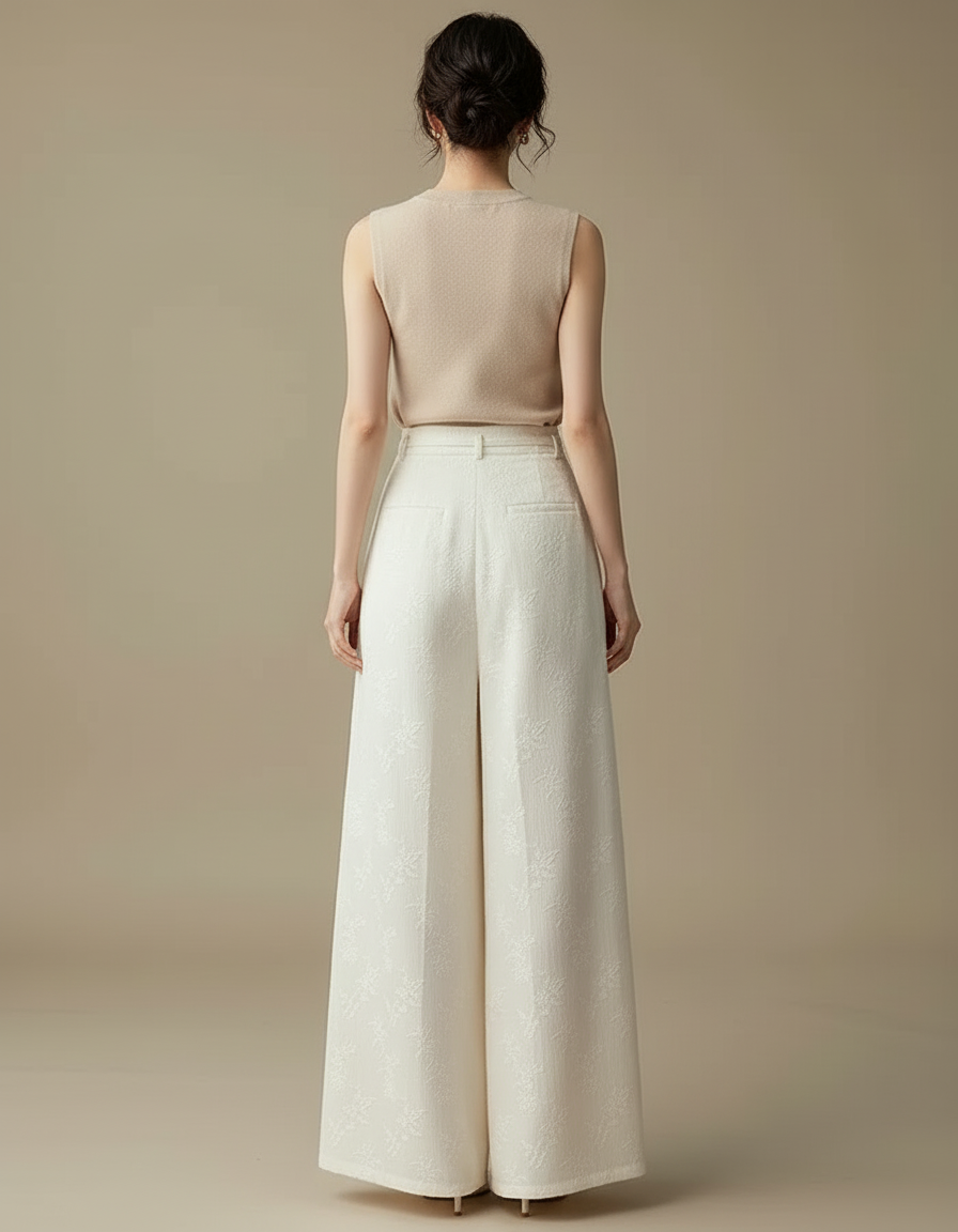 Pantalon Blanc Plissé Ample Motif Floral Élégant - Polyester - vue 2