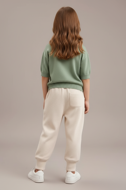Pantalon Blanc Côtelé Ample Décontracté Pompons Enfant - Beige Maille - vue 2