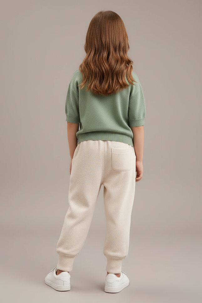 Pantalon Blanc Côtelé Ample Décontracté Pompons Enfant - Beige Maille - vue 2