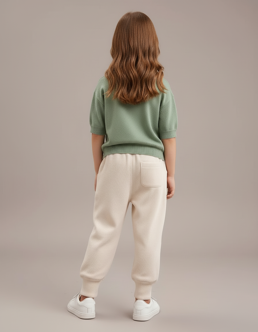 Pantalon Blanc Côtelé Ample Décontracté Pompons Enfant - Beige Maille - vue 2