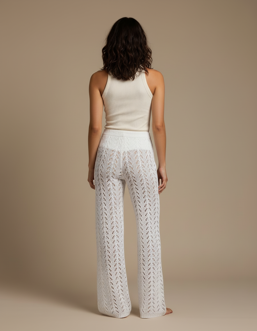 Pantalon Blanc Crochet Évasé Taille Haute Estival - Maille - vue 2