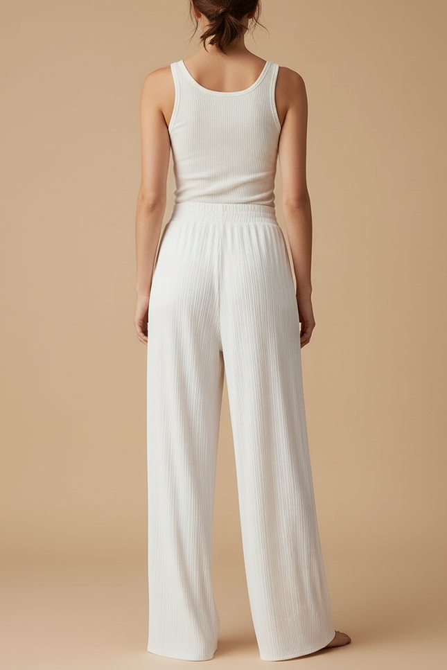 Pantalon Blanc Plissé Fluide Taille Haute Décontracté - Viscose - vue 2