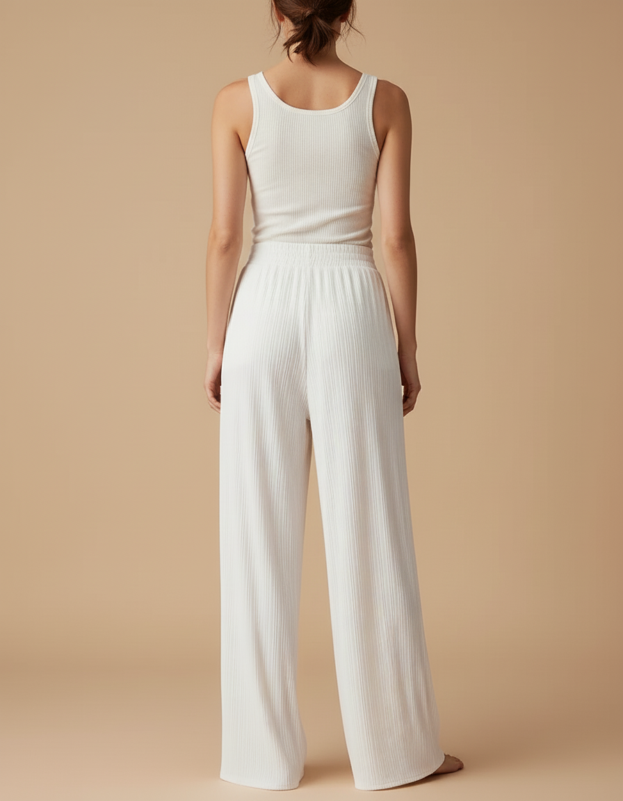 Pantalon Blanc Plissé Fluide Taille Haute Décontracté - Viscose - vue 2