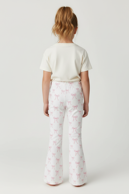 Pantalon Blanc Évasé Imprimé Nœuds Roses Fille - Maille - vue 2