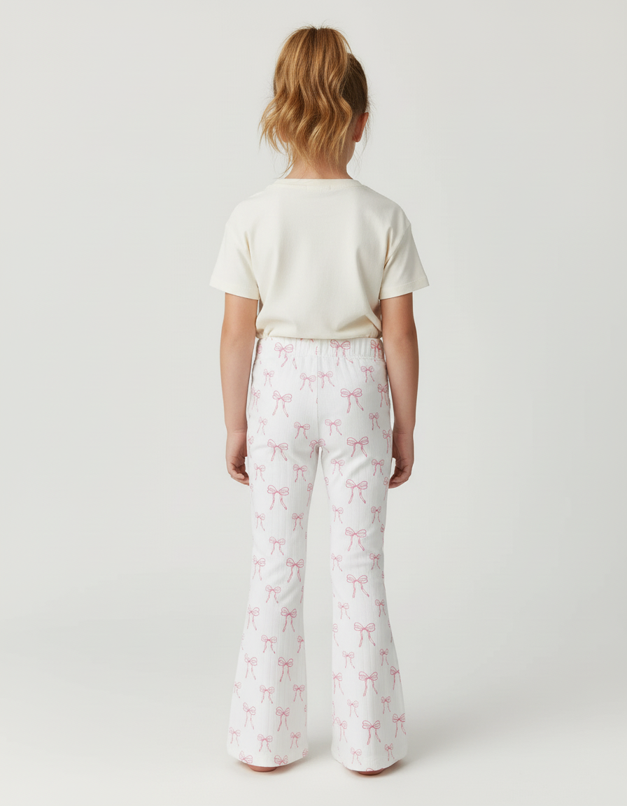 Pantalon Blanc Évasé Imprimé Nœuds Roses Fille - Maille - vue 2