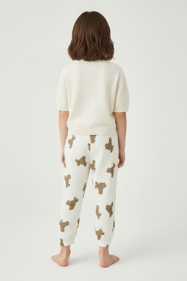 Pantalon Blanc Coton Ours Décontracté Enfant Fluide - Maille - vue 2