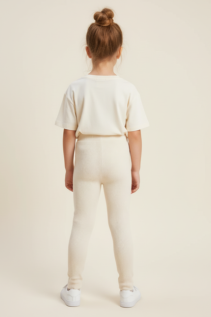 Pantalon Blanc Côtelé Confortable Élastique Enfant - Beige Maille - vue 2