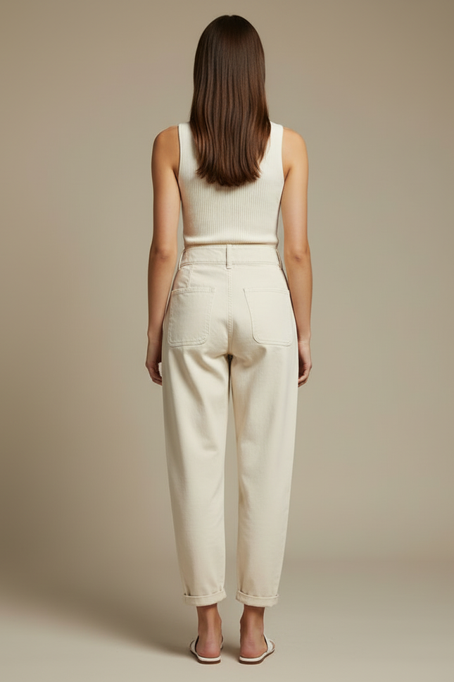 Pantalon Blanc Écru Décontracté Taille Haute Femme - Beige Toile - vue 2
