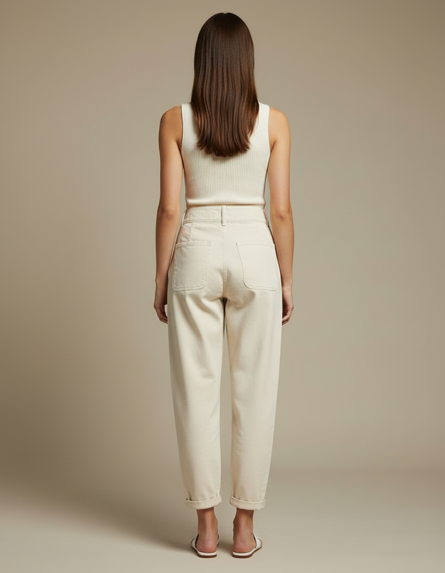 Pantalon Blanc Écru Décontracté Taille Haute Femme - Beige Toile - vue 2