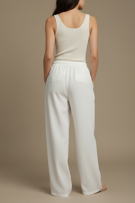 Pantalon Blanc Lin Fluide Ample Cordon Décontracté - vue 2