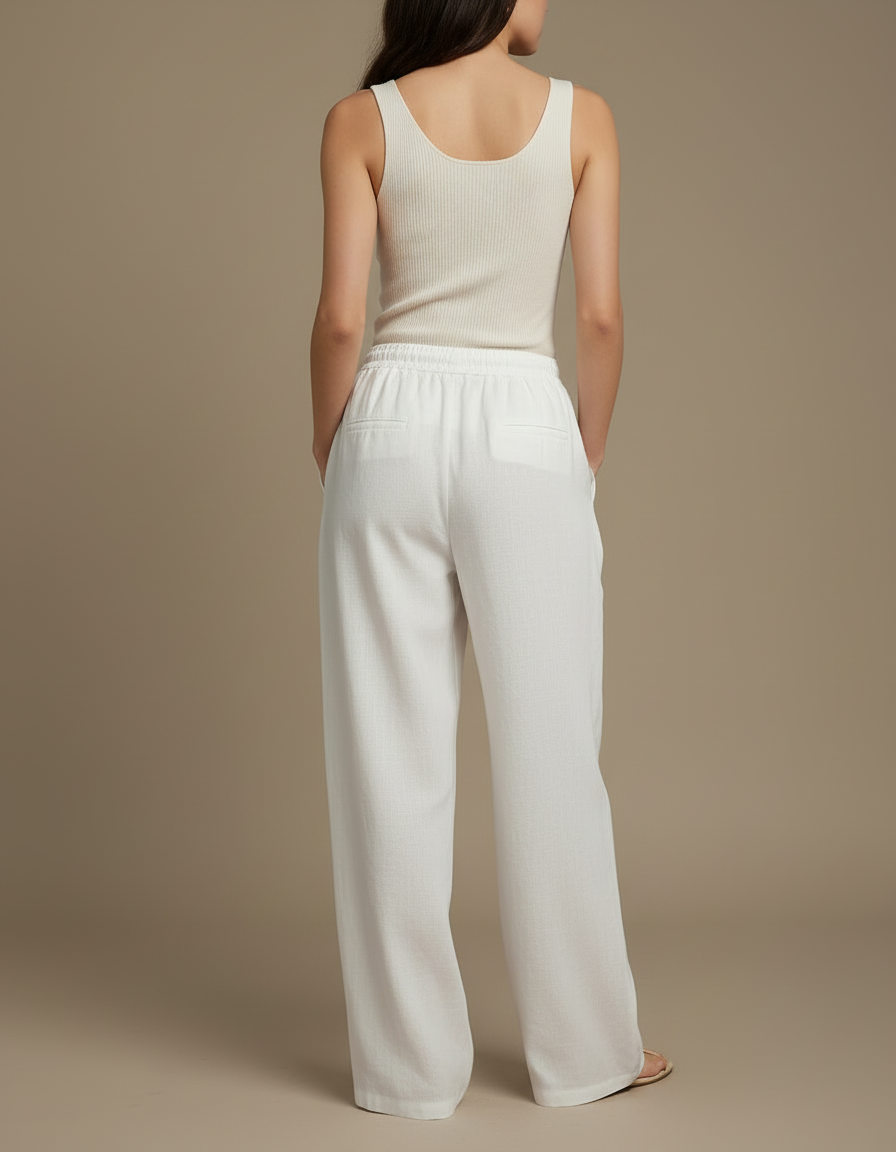 Pantalon Blanc Lin Fluide Ample Cordon Décontracté - vue 2
