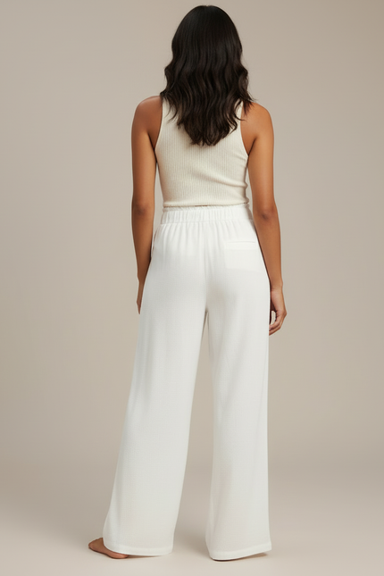 Pantalon Blanc Lin Fluide Ample Taille Haute Décontracté - vue 2