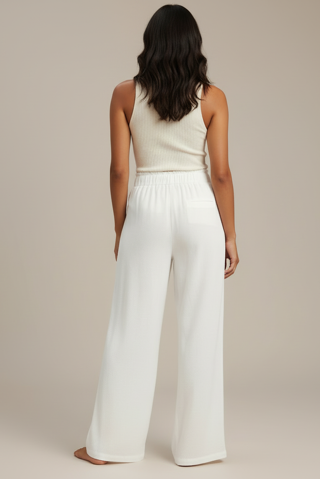 Pantalon Blanc Lin Fluide Ample Taille Haute Décontracté - vue 2