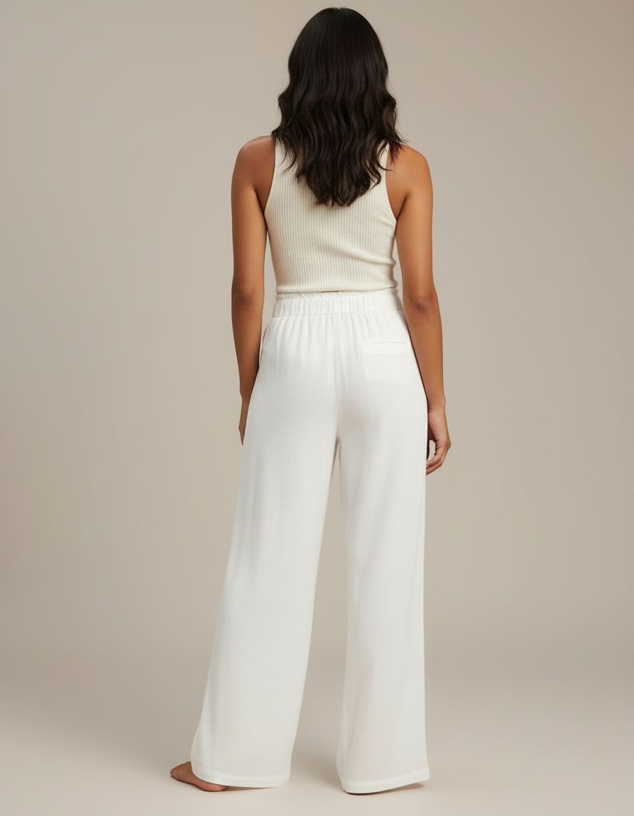 Pantalon Blanc Lin Fluide Ample Taille Haute Décontracté - vue 2