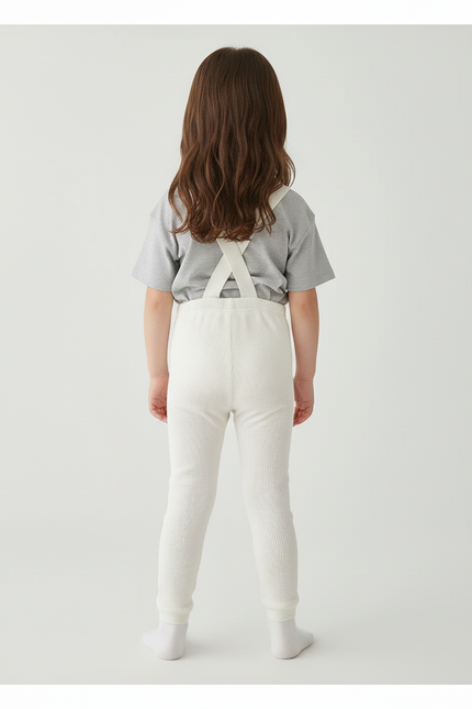 Pantalon Blanc Côtelé Tricoté Bretelles Enfant Fille - Maille - vue 2