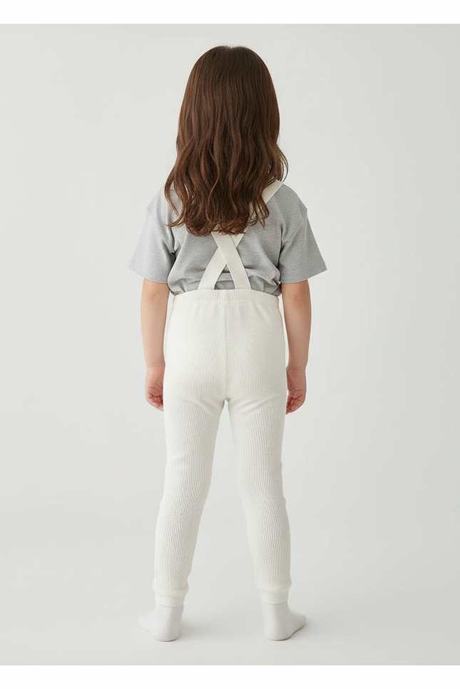 Pantalon Blanc Côtelé Tricoté Bretelles Enfant Fille - Maille - vue 2