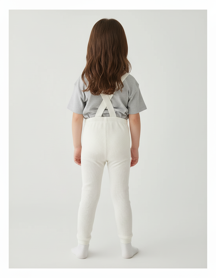 Pantalon Blanc Côtelé Tricoté Bretelles Enfant Fille - Maille - vue 2