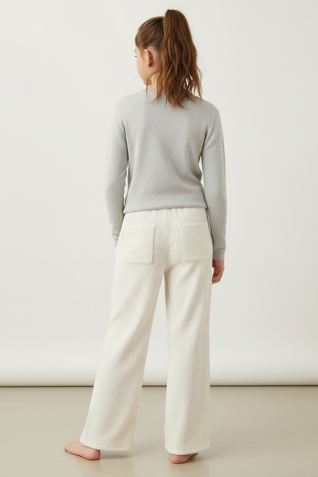 Pantalon Blanc Côtelé Ample Confortable Décontracté Fille - Beige Cordé - vue 2
