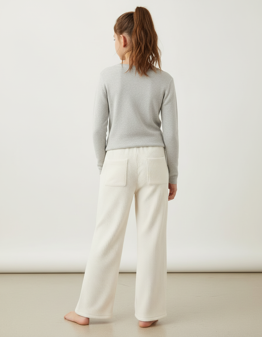 Pantalon Blanc Côtelé Ample Confortable Décontracté Fille - Beige Cordé - vue 2