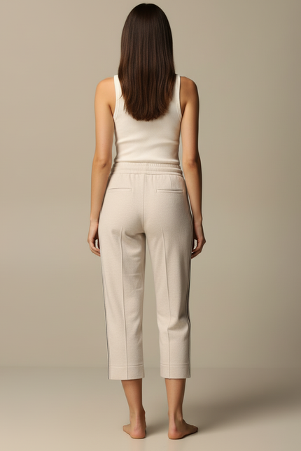 Pantalon Blanc Décontracté Coton Taille Haute Femme - Beige Molleton - vue 2