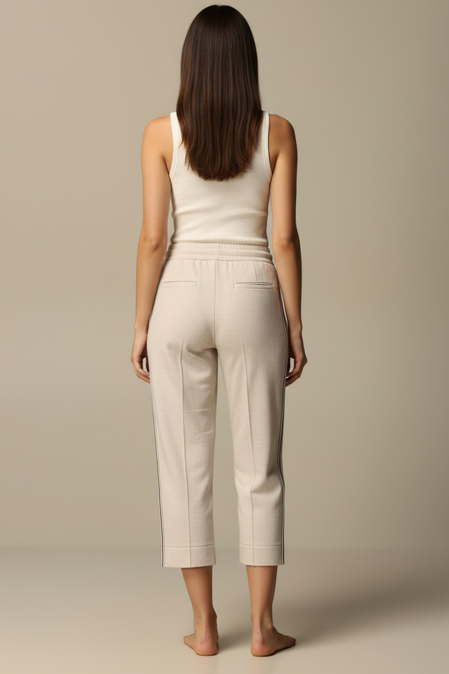 Pantalon Blanc Décontracté Coton Taille Haute Femme - Beige Molleton - vue 2