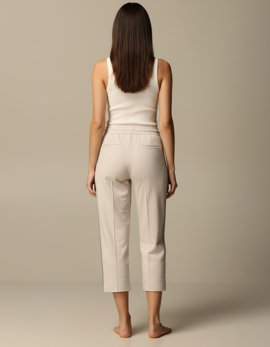 Pantalon Blanc Décontracté Coton Taille Haute Femme - Beige Molleton - vue 2