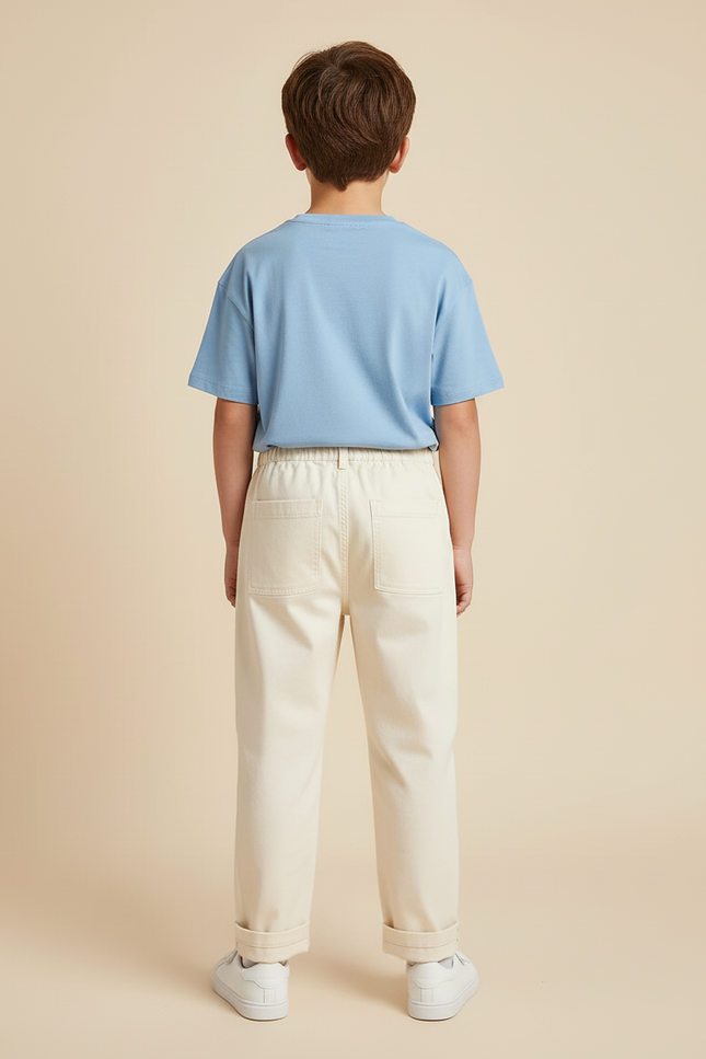 Pantalon Blanc Enfant Coton Droit Décontracté Unisexe - Beige - vue 2