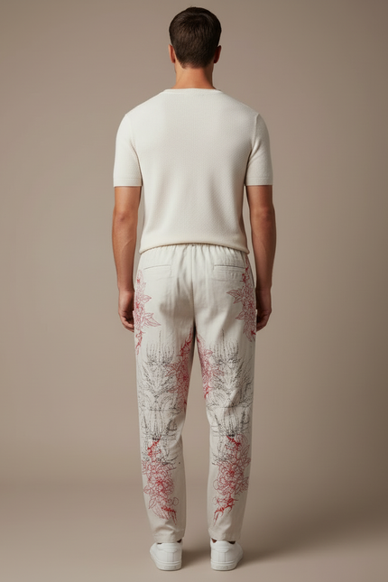 Pantalon Blanc Imprimé Floral Ample Décontracté Homme - Coton - vue 2