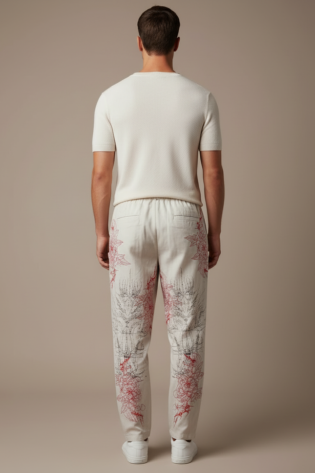 Pantalon Blanc Imprimé Floral Ample Décontracté Homme - Coton - vue 2