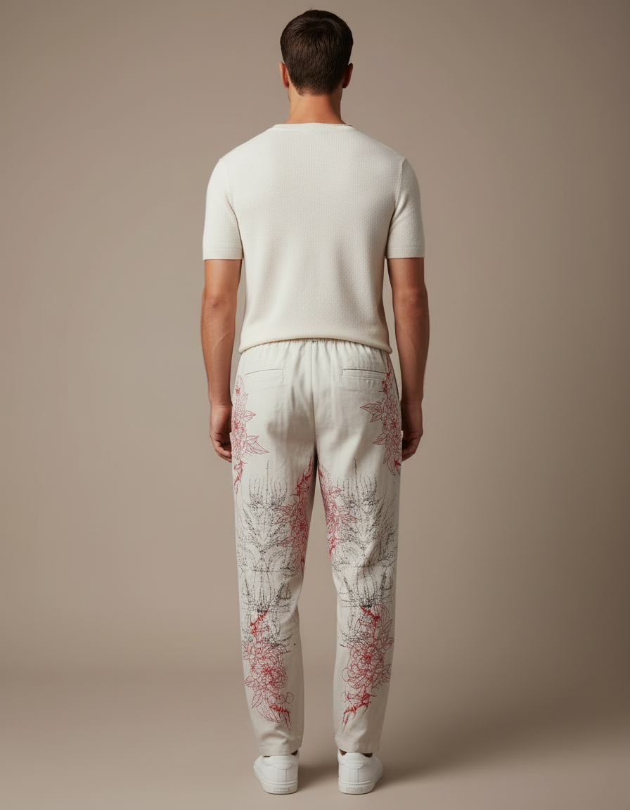 Pantalon Blanc Imprimé Floral Ample Décontracté Homme - Coton - vue 2