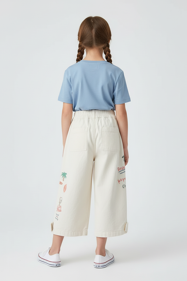 Pantalon Blanc Coton Ample Imprimé Dessins Enfant - Beige - vue 2