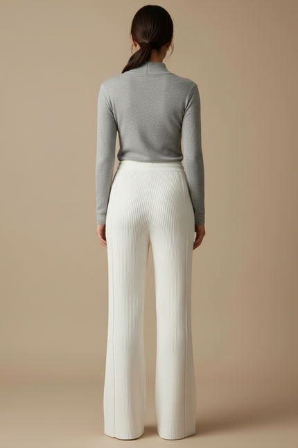 Pantalon Blanc Tricoté Côtelé Fluide Confortable Femme - Maille - vue 2