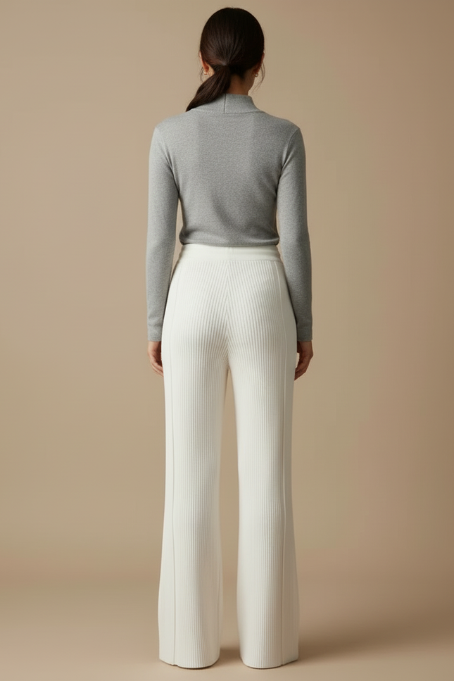 Pantalon Blanc Tricoté Côtelé Fluide Confortable Femme - Maille - vue 2