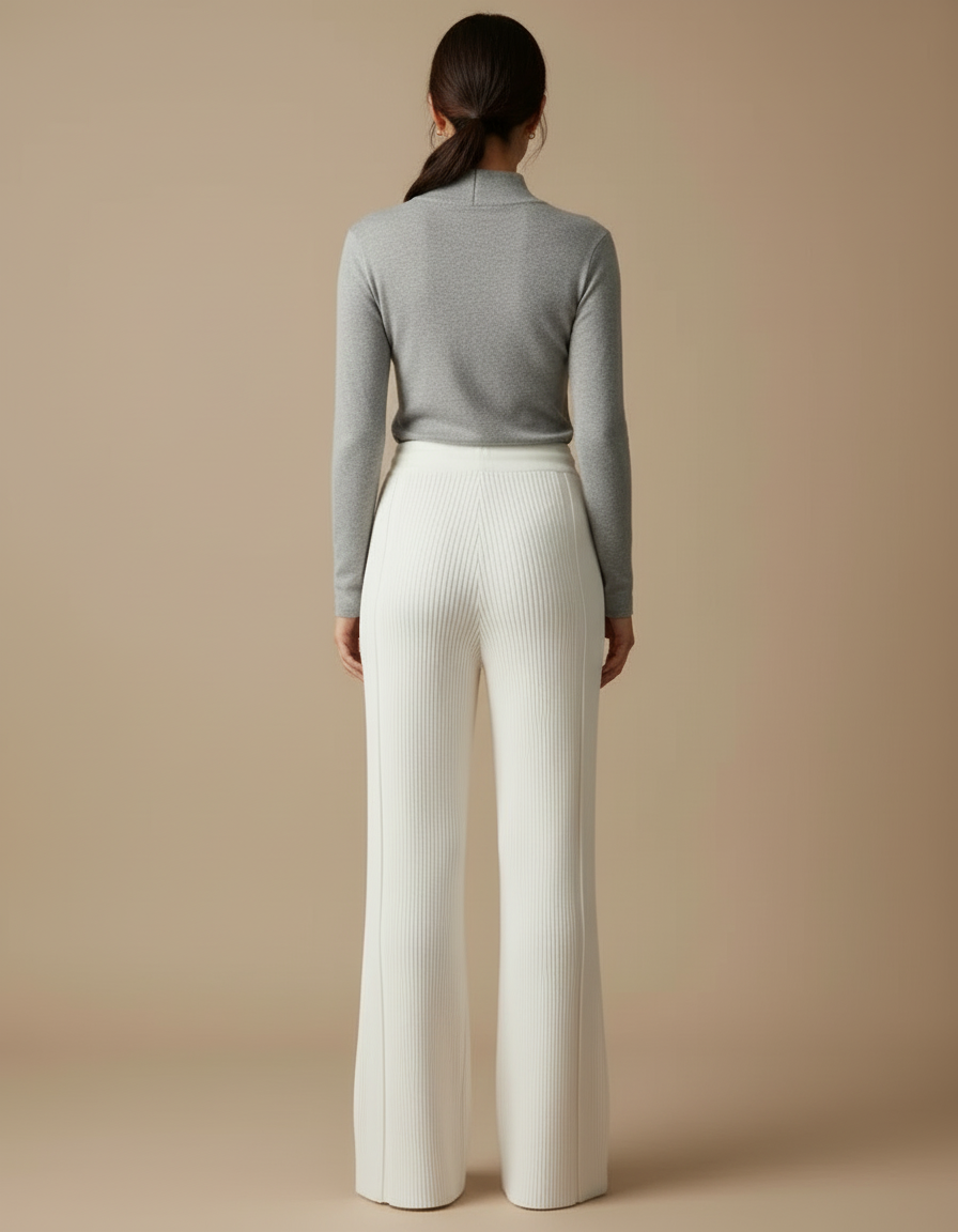Pantalon Blanc Tricoté Côtelé Fluide Confortable Femme - Maille - vue 2