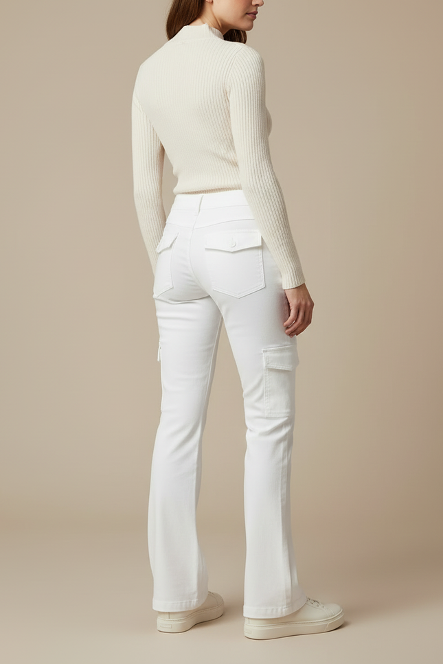 Pantalon Blanc Cargo Évasé Femme Coton Poches - vue 2