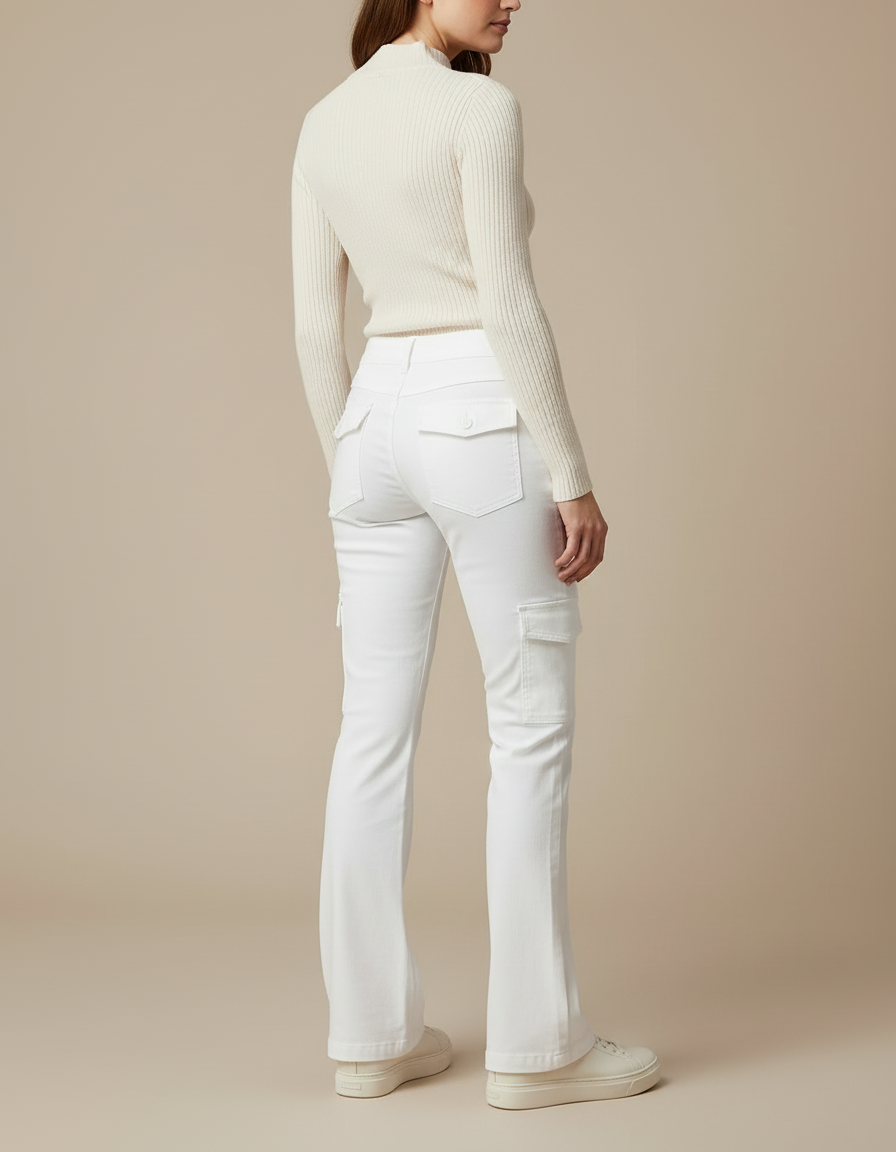 Pantalon Blanc Cargo Évasé Femme Coton Poches - vue 2