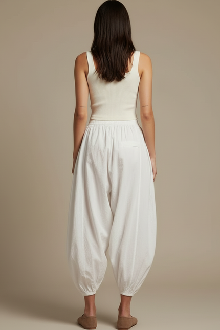 Pantalon Blanc Ample Bouffant Coton Décontracté Femme - vue 2