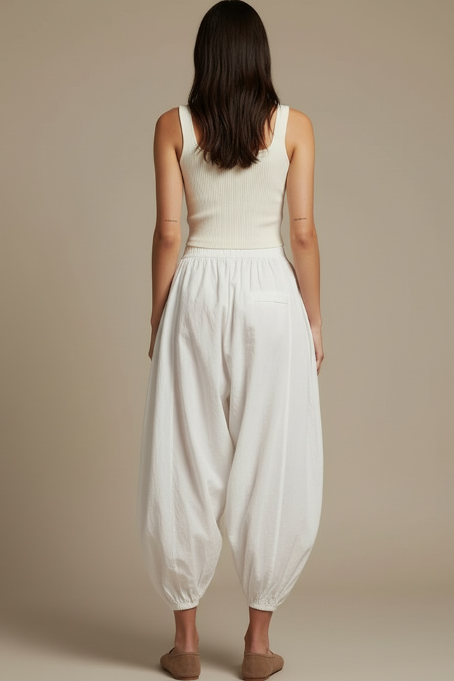 Pantalon Blanc Ample Bouffant Coton Décontracté Femme - vue 2