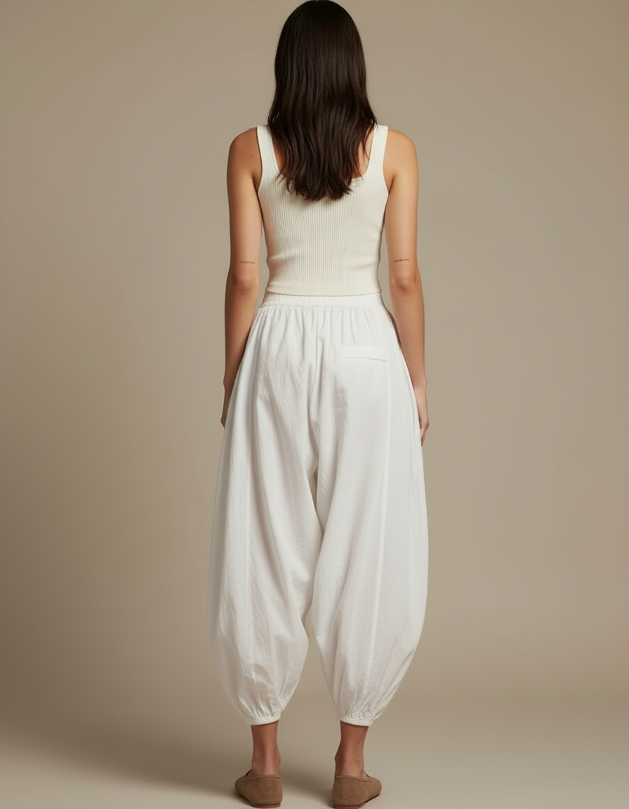 Pantalon Blanc Ample Bouffant Coton Décontracté Femme - vue 2
