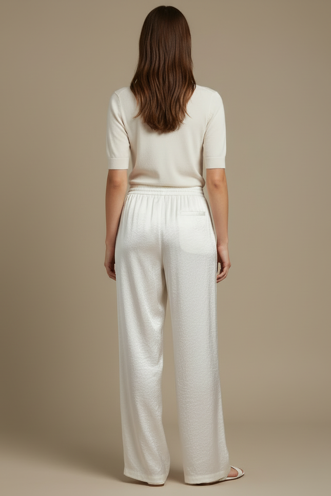 Pantalon Blanc Satiné Jacquard Fluide Ample Femme - vue 2