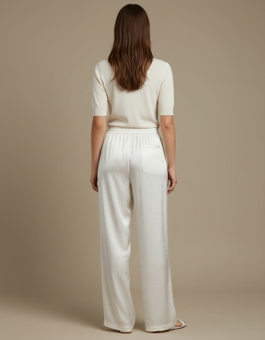 Pantalon Blanc Satiné Jacquard Fluide Ample Femme - vue 2