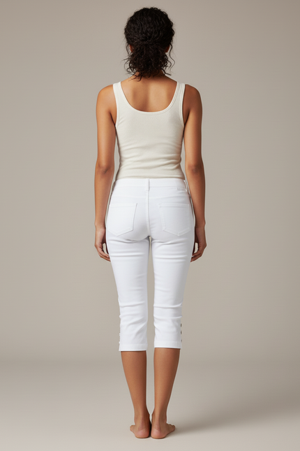 Pantalon Blanc Capri Stretch Boutonné Femme - Coton - vue 2