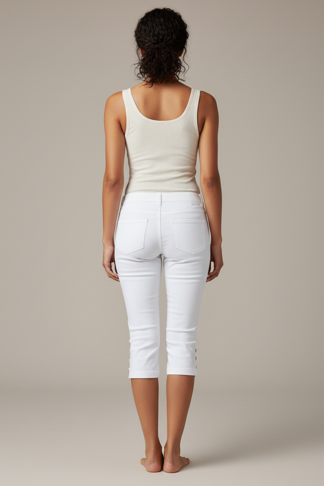 Pantalon Blanc Capri Stretch Boutonné Femme - Coton - vue 2