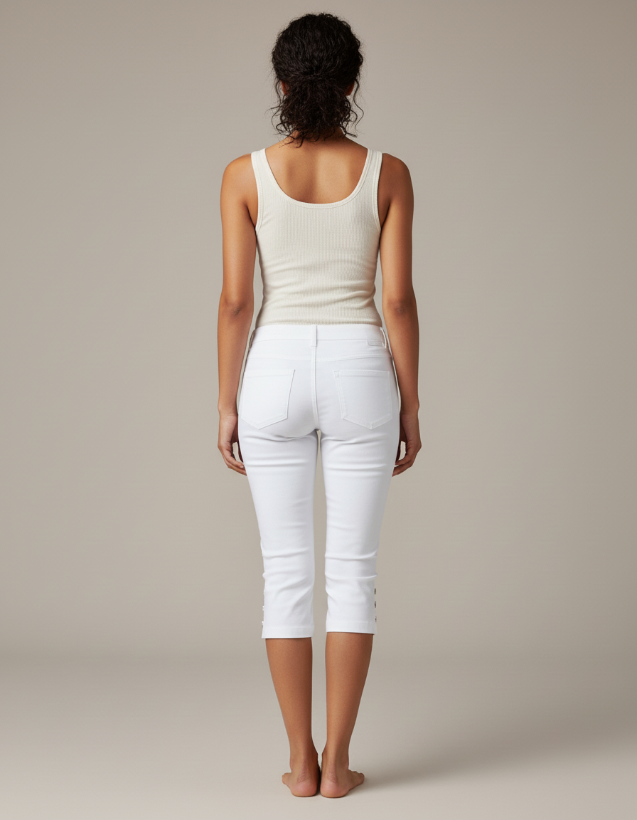 Pantalon Blanc Capri Stretch Boutonné Femme - Coton - vue 2