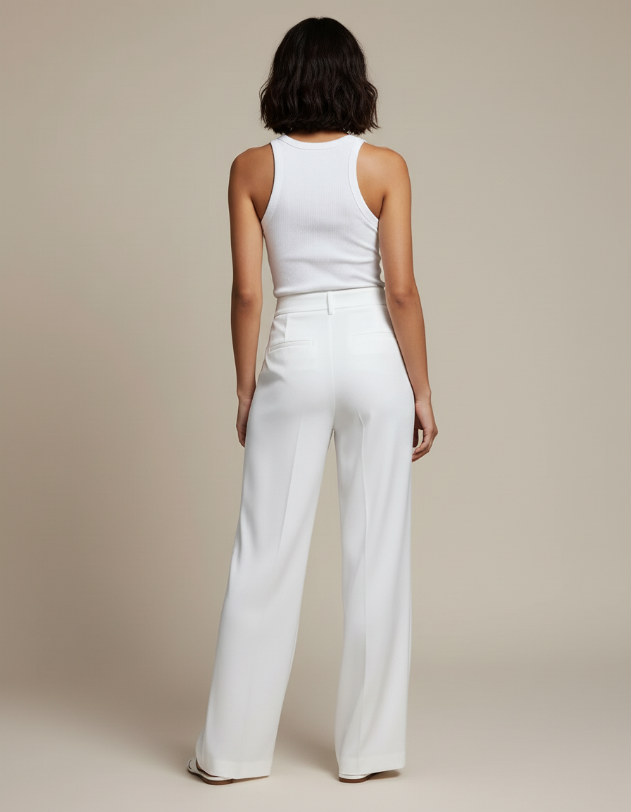 Pantalon Blanc Satin Ample Fluide Élégant Femme - vue 2