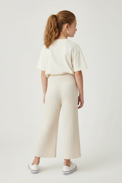 Pantalon Blanc Côtelé Ample Tricoté Enfant - Beige Maille - vue 2