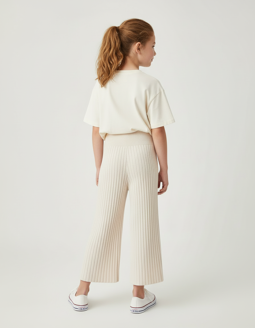 Pantalon Blanc Côtelé Ample Tricoté Enfant - Beige Maille - vue 2