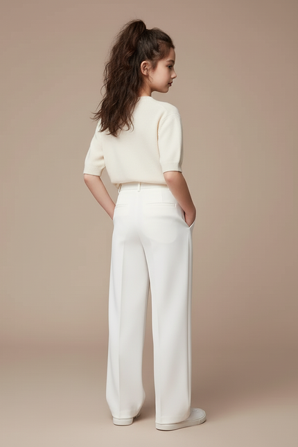 Pantalon Blanc Ample Plissé Droit Élégant Enfant - Gabardine - vue 2
